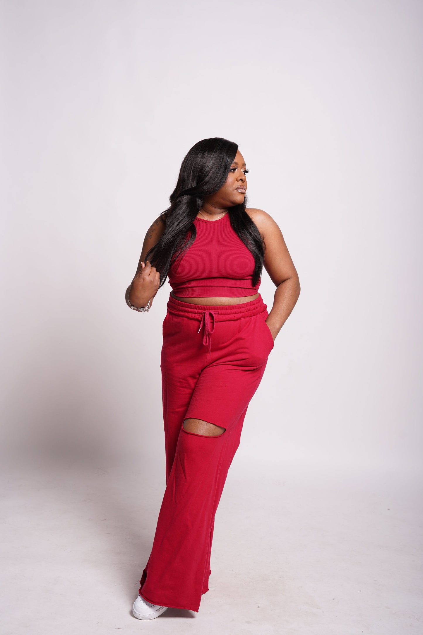 FRENCH TERRY WIDE LEG SLIT PANTS SET W/ CROPPED RIBBED TOP
