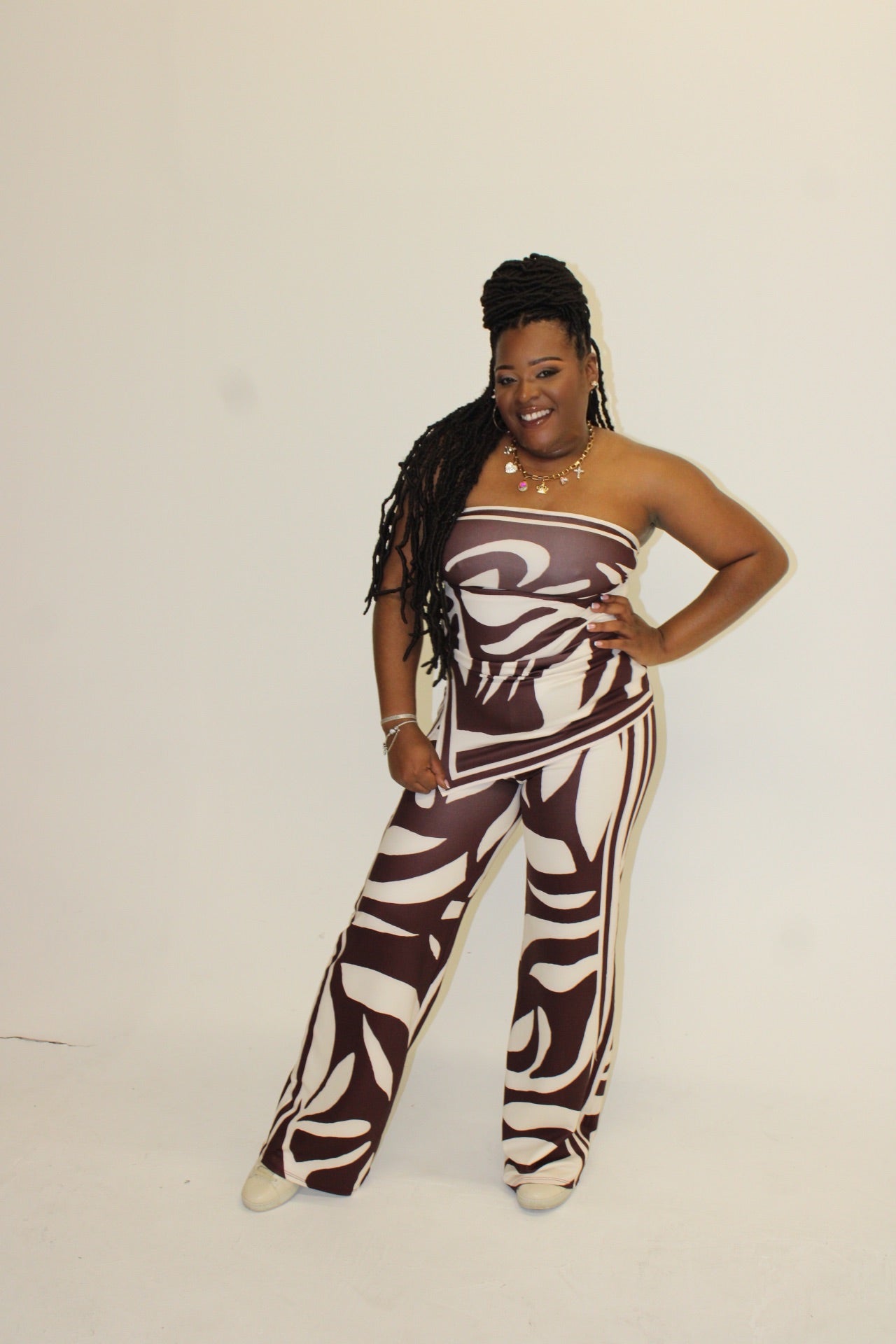 CHERRY/WHITE STRAPLESS TOP PANTS SET