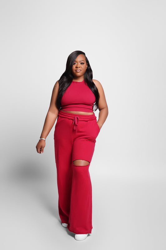 FRENCH TERRY WIDE LEG SLIT PANTS SET W/ CROPPED RIBBED TOP